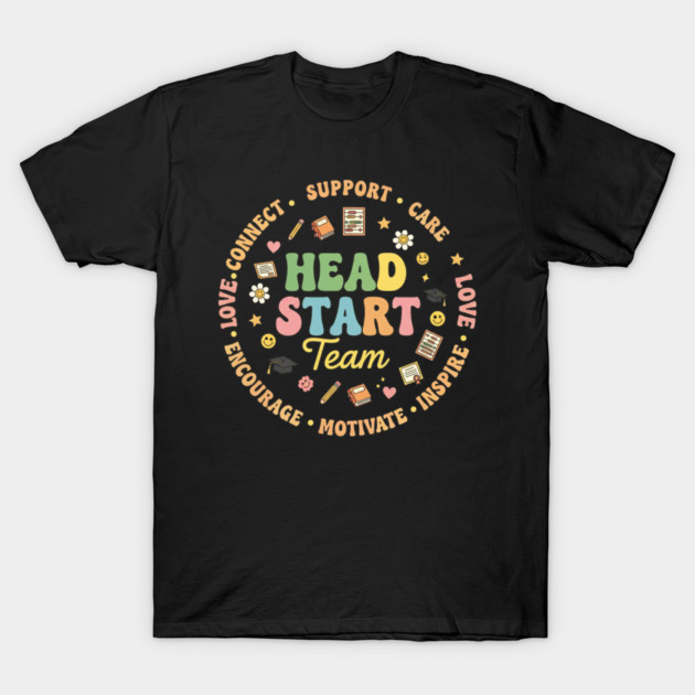 Black t-shirt with colorful "Head Start Team" design, featuring motivational words and symbols, casual style.