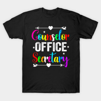 Black t-shirt with colorful "Counselor Office Secretary" text, casual style, ideal for office workers or casual wear.