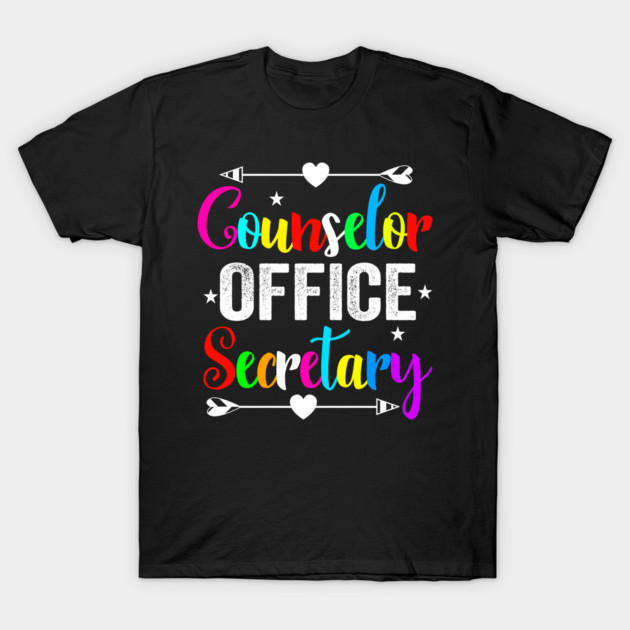 Black t-shirt with colorful "Counselor Office Secretary" text, casual style, ideal for office workers or casual wear.
