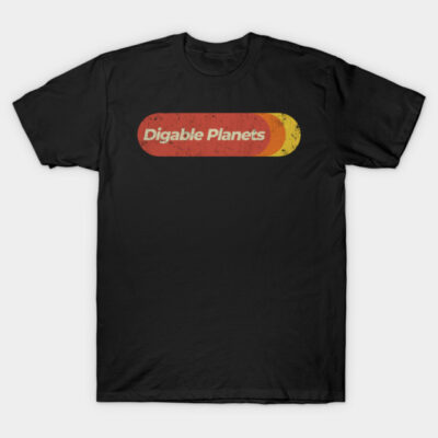 Black t-shirt with retro "Digable Planets" design in red and yellow, casual style, ideal for everyday wear.