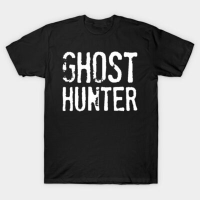 "Black 'Ghost Hunter' T-shirt, bold white text, casual style, perfect for paranormal enthusiasts, 100% cotton material."