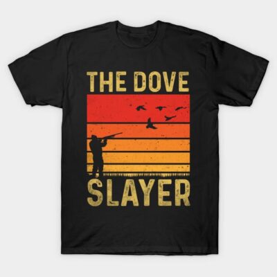 Black "The Dove Slayer" T-shirt with sunset graphic and hunting theme, casual style, cotton material.
