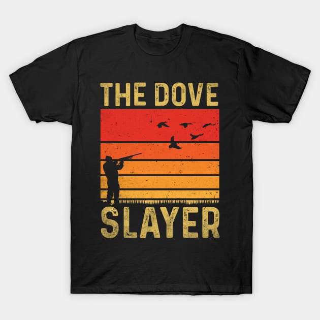 Black "The Dove Slayer" T-shirt with sunset graphic and hunting theme, casual style, cotton material.
