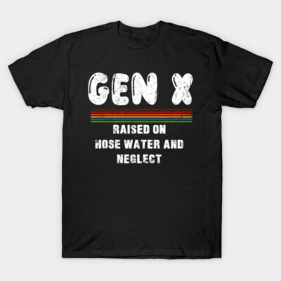 Black Gen X t-shirt with humorous vintage text design, perfect for casual wear. Cotton material for comfort and style.