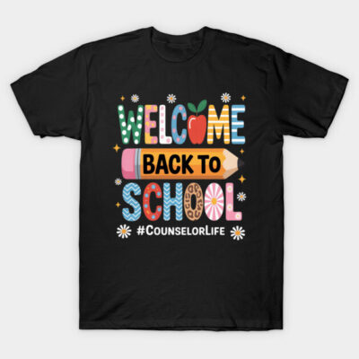Black "Welcome Back to School" T-shirt with colorful print, perfect for counselors, casual style, cotton fabric.