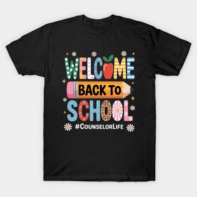 Black "Welcome Back to School" T-shirt with colorful print, perfect for counselors, casual style, cotton fabric.