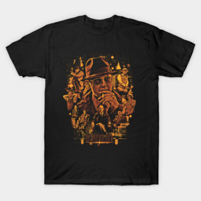Black graphic t-shirt with vintage collage design, featuring various characters, ideal for casual wear and pop culture fans.