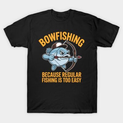 Black bowfishing graphic t-shirt, cartoon fish with bow, humorous text, casual wear, cotton material.