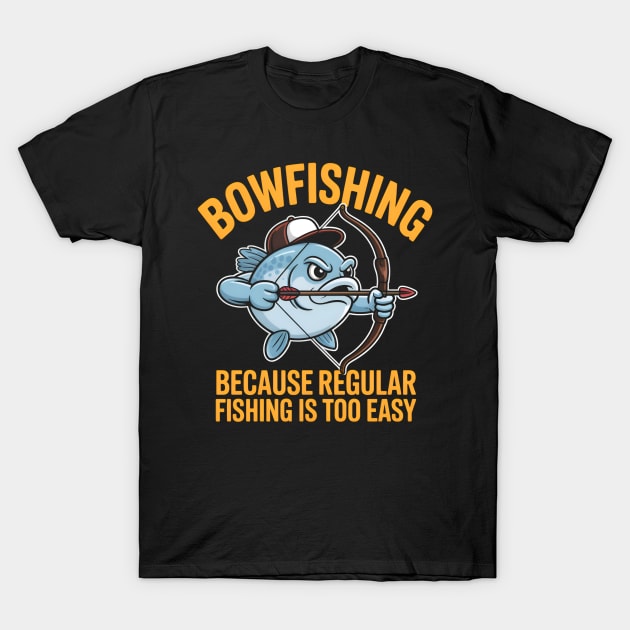 Black bowfishing graphic t-shirt, cartoon fish with bow, humorous text, casual wear, cotton material.