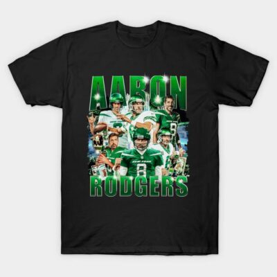 Black graphic tee featuring green text and sports-themed design for casual wear.