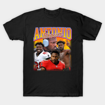 Black graphic t-shirt with vibrant collage design, featuring bold text and dynamic athlete imagery, perfect for sports fans.