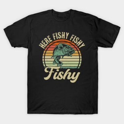 Black "Here Fishy Fishy" retro graphic T-shirt featuring a fish design, perfect for casual wear and fishing enthusiasts.