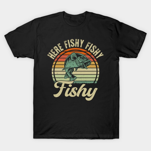 Black "Here Fishy Fishy" retro graphic T-shirt featuring a fish design, perfect for casual wear and fishing enthusiasts.