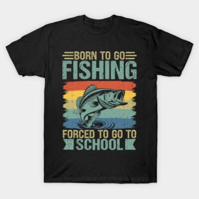 Black fishing-themed T-shirt with colorful stripes and humorous text, ideal for casual wear and fishing enthusiasts.