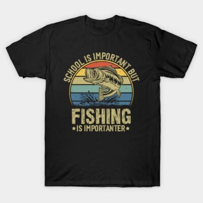 Black t-shirt with vintage fishing graphic, humorous text "School is important but fishing is importanter," casual style.