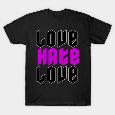 Black cotton t-shirt with bold white and pink "Love Hate Love" text design, casual unisex style.