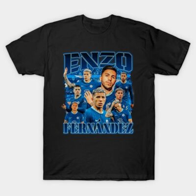 Black graphic t-shirt with blue sports-themed design, casual wear, cotton material.