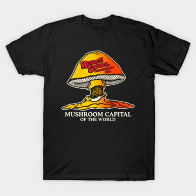 Black t-shirt with colorful mushroom graphic and "Mushroom Capital of the World" text, casual style, cotton material.