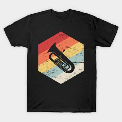 Black t-shirt with retro-style tuba graphic, featuring colorful stripes. Ideal for music lovers and casual wear.