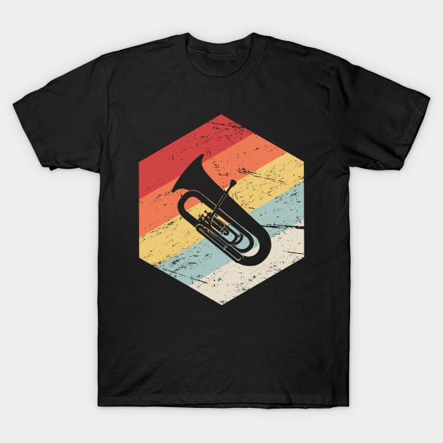 Black t-shirt with retro-style tuba graphic, featuring colorful stripes. Ideal for music lovers and casual wear.