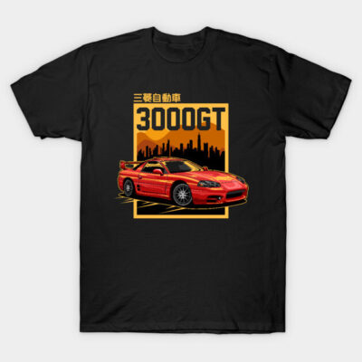 Black T-shirt featuring a red sports car graphic and "3000GT" text, ideal for casual wear and car enthusiasts.
