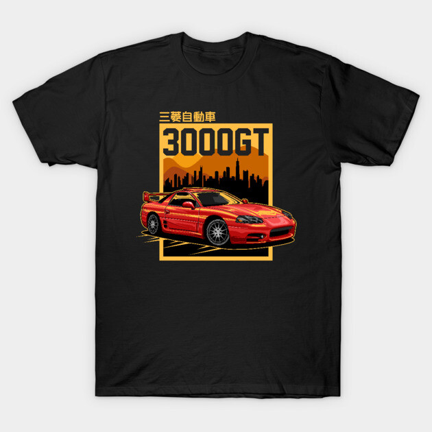 Black T-shirt featuring a red sports car graphic and "3000GT" text, ideal for casual wear and car enthusiasts.