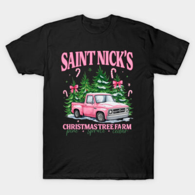 Black Christmas t-shirt with pink truck, trees, and candy canes design. Holiday-themed casual wear.