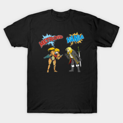 Black t-shirt featuring colorful retro-style video game characters with "Metroid" and "Vania" text design.
