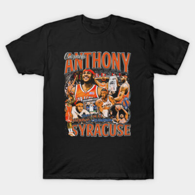 Black graphic t-shirt featuring college basketball theme, bold text, and vibrant orange accents ideal for sports fans.