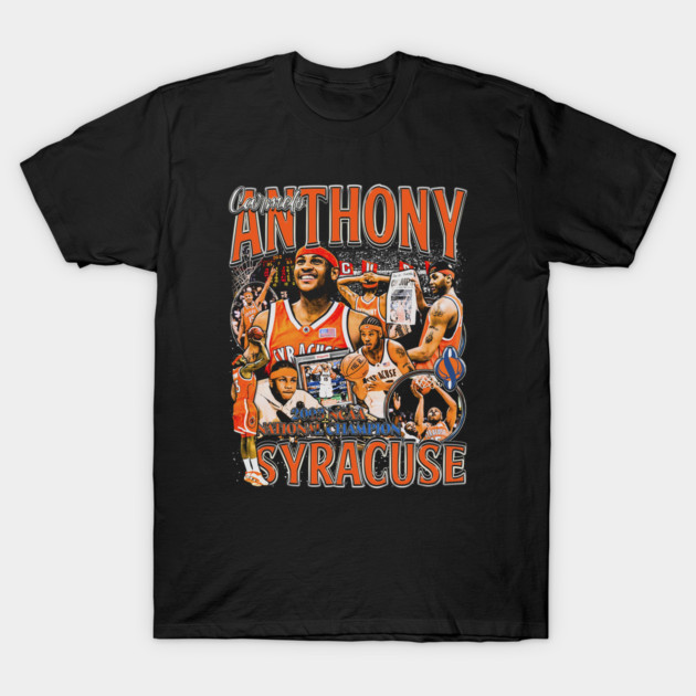 Black graphic t-shirt featuring college basketball theme, bold text, and vibrant orange accents ideal for sports fans.