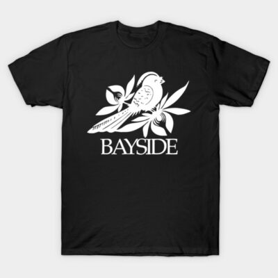 Black t-shirt with white bird and flower graphic design, featuring "Bayside" text. Casual cotton wear.