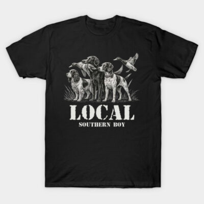 "Black t-shirt featuring hunting dogs and ducks graphic with 'Local Southern Boy' text, casual outdoor style."