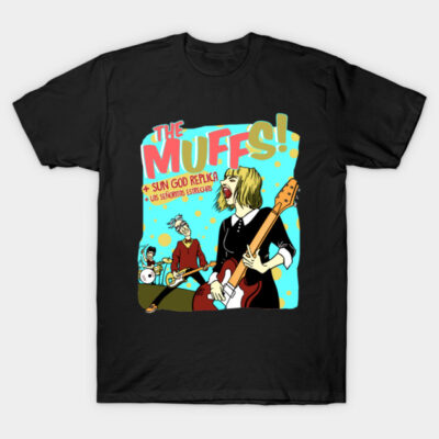 Black graphic t-shirt featuring vibrant band illustration with colorful text design, ideal for music enthusiasts.