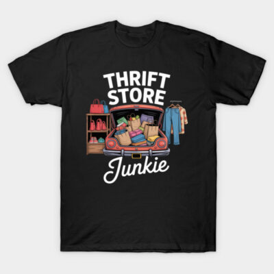 Black "Thrift Store Junkie" T-shirt with retro shopping design, ideal for casual wear, 100% cotton.