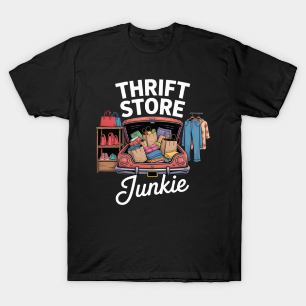 Black "Thrift Store Junkie" T-shirt with retro shopping design, ideal for casual wear, 100% cotton.