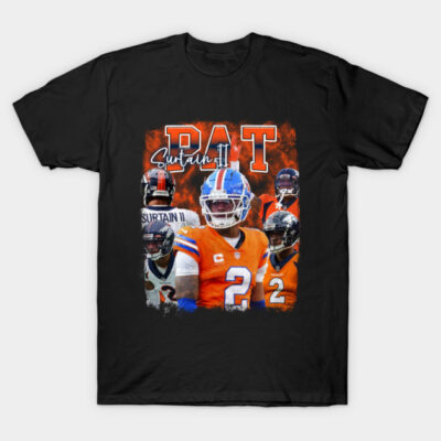 Black t-shirt with orange football graphic design, featuring a helmet and jersey number. Ideal for sports fans.