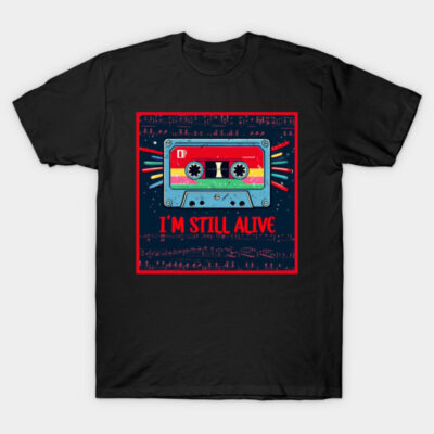 Black t-shirt with colorful cassette tape graphic and "I'm Still Alive" text, casual retro style, unisex cotton blend.