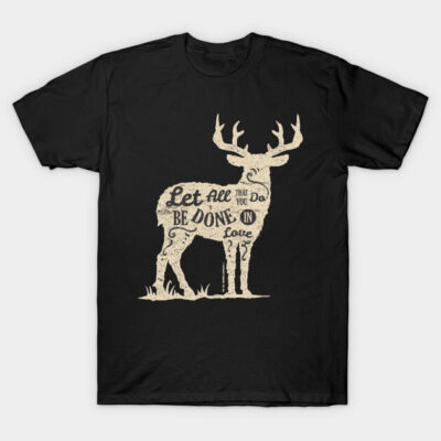 Black t-shirt with white deer graphic and inspirational text, casual wear, soft cotton material, unisex style.
