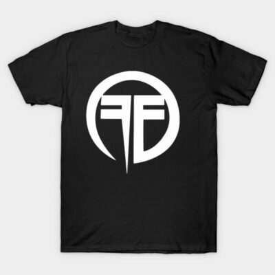 Black cotton t-shirt featuring a bold white geometric logo design, perfect for casual wear and style enthusiasts.