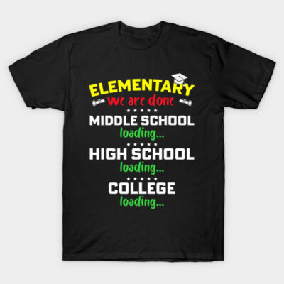 Black graduation-themed t-shirt with colorful text for school milestones. Casual style, ideal for students.