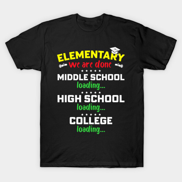 Black graduation-themed t-shirt with colorful text for school milestones. Casual style, ideal for students.