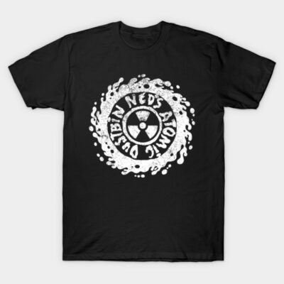 Black graphic t-shirt with white atomic design, casual unisex style, perfect for everyday wear, 100% cotton material.
