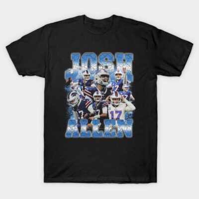 Black graphic t-shirt featuring sports-themed design with blue and white accents, suitable for casual wear.