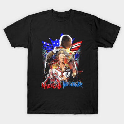 Black graphic t-shirt with American theme design, featuring bold colors and text "American Nightmare." Casual wear.