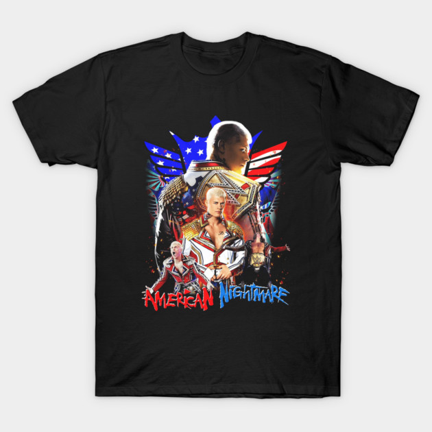 Black graphic t-shirt with American theme design, featuring bold colors and text "American Nightmare." Casual wear.