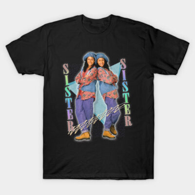 Black retro graphic t-shirt with colorful "Sister Sister" design, casual style, soft cotton fabric.