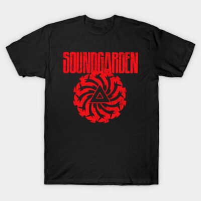 Black graphic t-shirt with red spiral design and bold text, ideal for casual wear. 100% cotton, unisex fit.