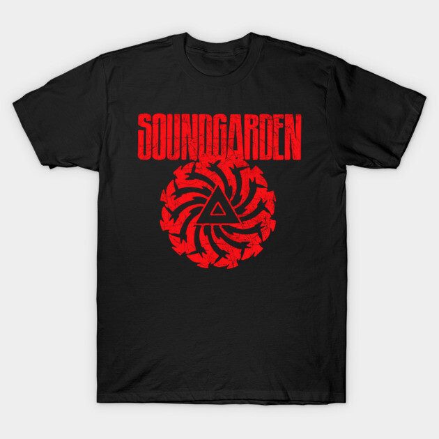 Black graphic t-shirt with red spiral design and bold text, ideal for casual wear. 100% cotton, unisex fit.