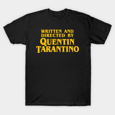 Black T-shirt with bold yellow text design, casual style, made from cotton, ideal for movie enthusiasts.
