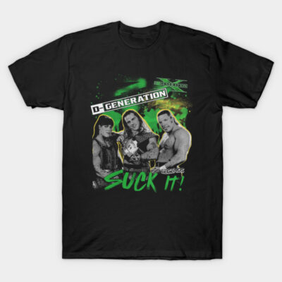 Black graphic t-shirt featuring bold text and colorful design, perfect for casual wear and fans of unique styles.